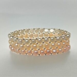 Three‎ Strand Freshwater Multi-Color Button Pearl Stretch Bracelet w/ Sterling